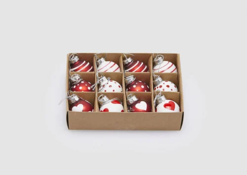 Caja 12 mini bolas navideñas corazones
